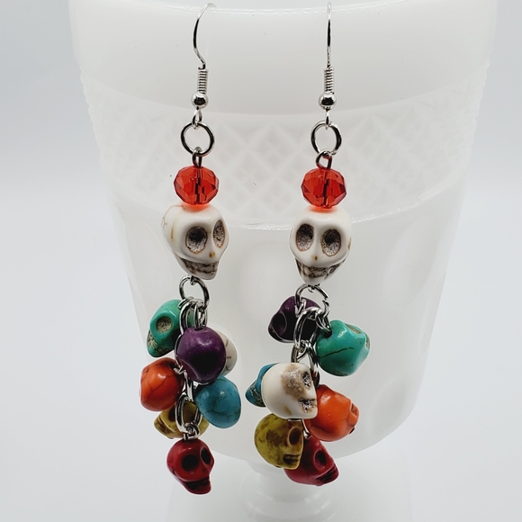 New natural stone day of the dead skull colorful earrings long - Picture 4 of 12